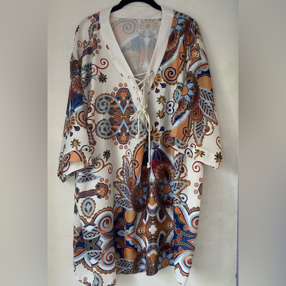 ECHOINE  Interesting Blues Golds Browns Abrstract Print Blouse/Coverup Size 5XL